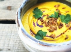 Gingered Coconut Pumpkin Soup with Savory Sumac Granola––The ultimate fall weather soup that is a cinch to make